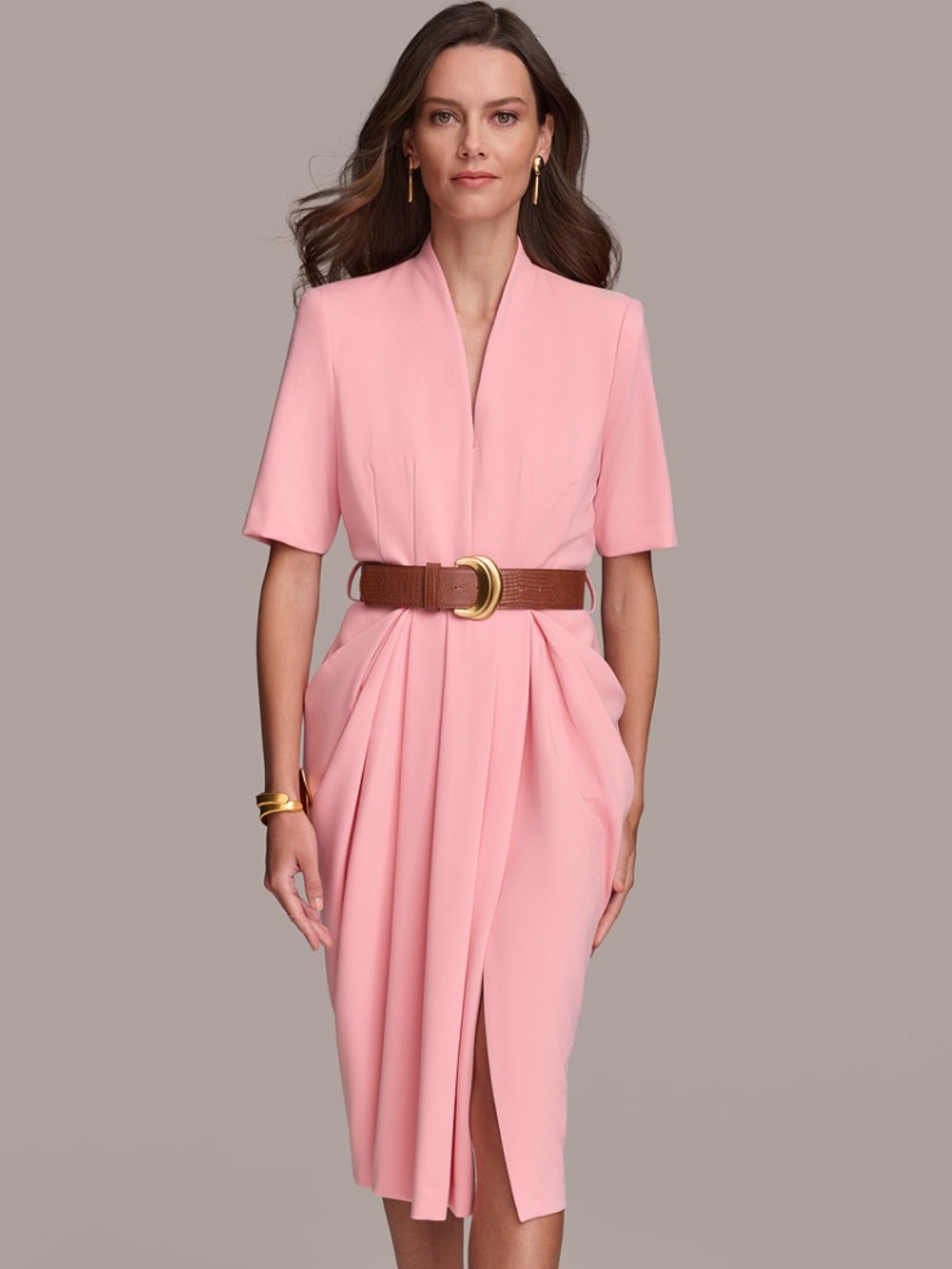 Donna Karan NWT No Belt Soft Pink Draped V-Neck Midi Dress with Brown Belt